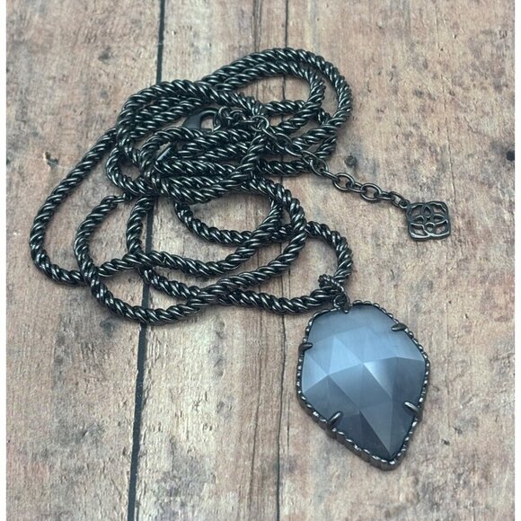 Kendra Scott Rare Slate Cats Eyes Gunmetal Corla Necklace Long Chain 30"  MINT - Picture 11 of 14